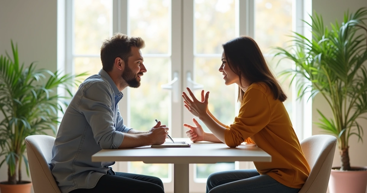 Coaching session with two people talking at a table. 