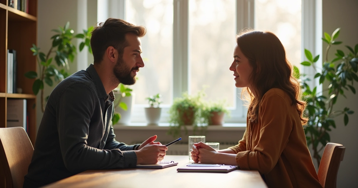 Two people in a modern office, one guiding the other through an emotional conversation, soft natural lighting, visible expressions of care 