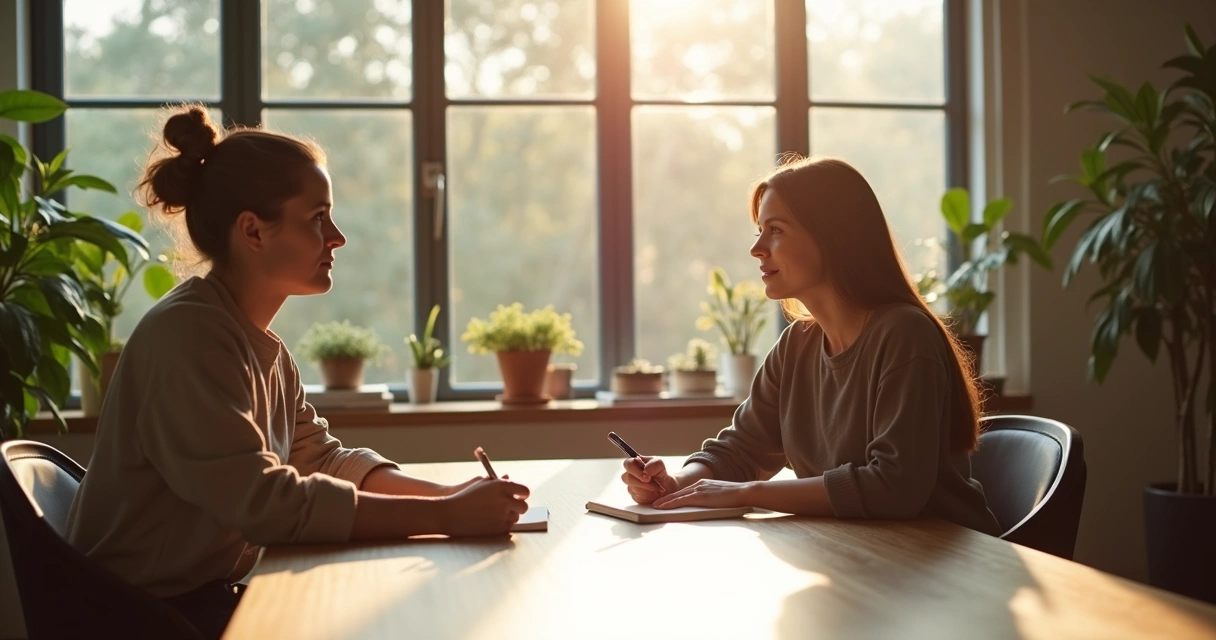 A coaching session with two people at a table, one guiding the other with a notepad, sunlight casting a warm tone in a modern office 