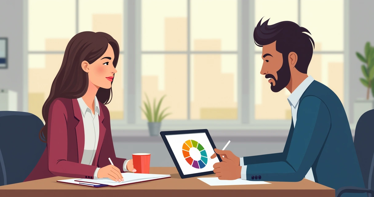 Coach and client discussing a colorful wheel chart in an office 