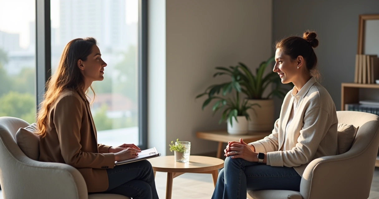 Coach e cliente em silêncio contemplativo diante de janela com luz suave 