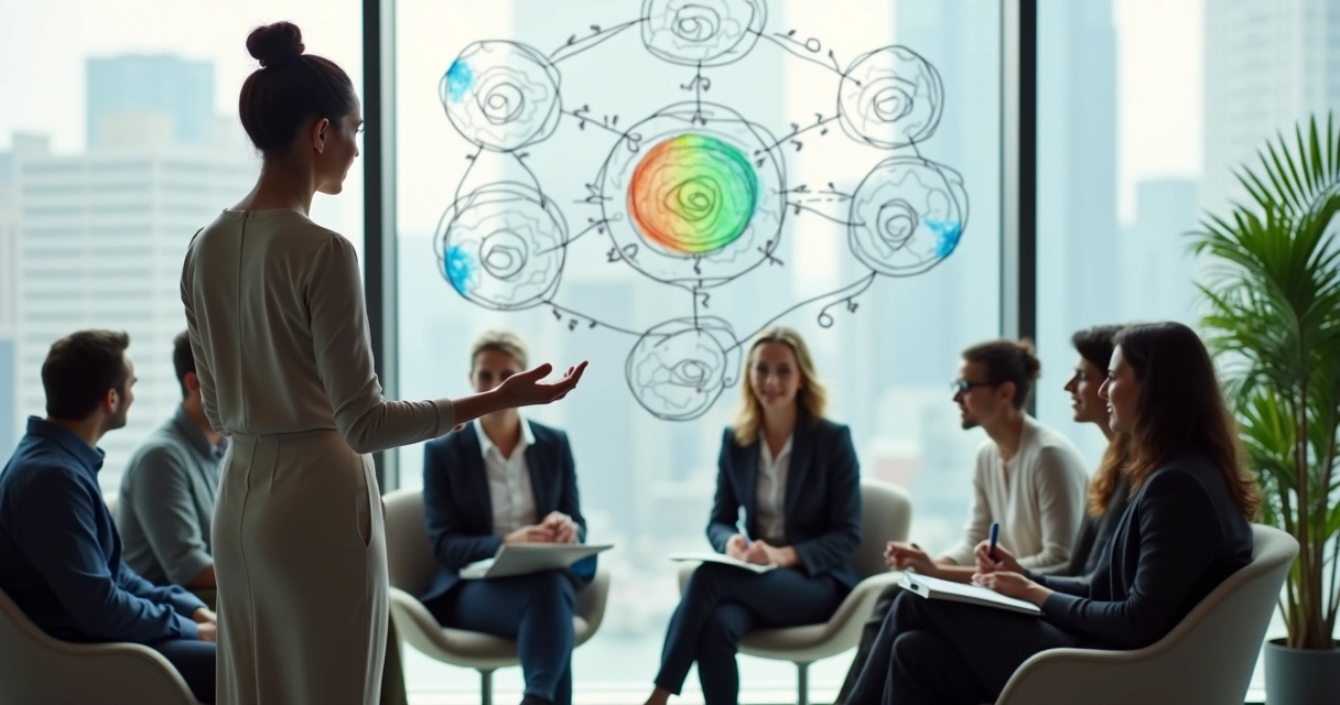 Coach guiando a un equipo en círculo frente a un gran diagrama sistémico 