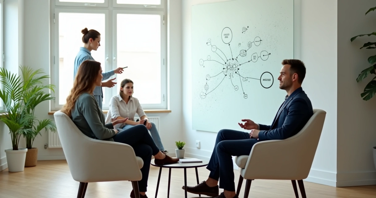 Dos coaches conversando con un líder frente a un fondo que combina una silueta humana y un esquema de red sistémica 