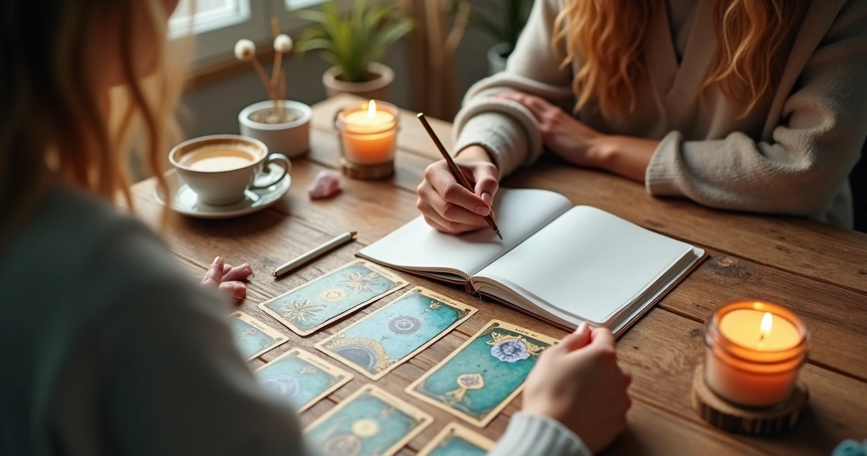 Tarot cards on table with notebook and candles 