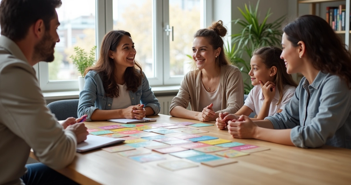 Coach guiando a familia en ejercicio de valores con tarjetas sobre una mesa 