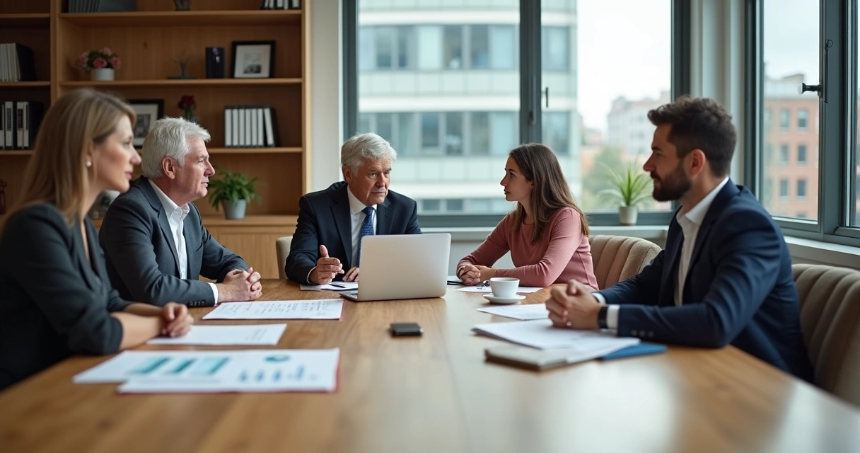 Reunión tensa entre miembros de una empresa familiar alrededor de una mesa de trabajo 