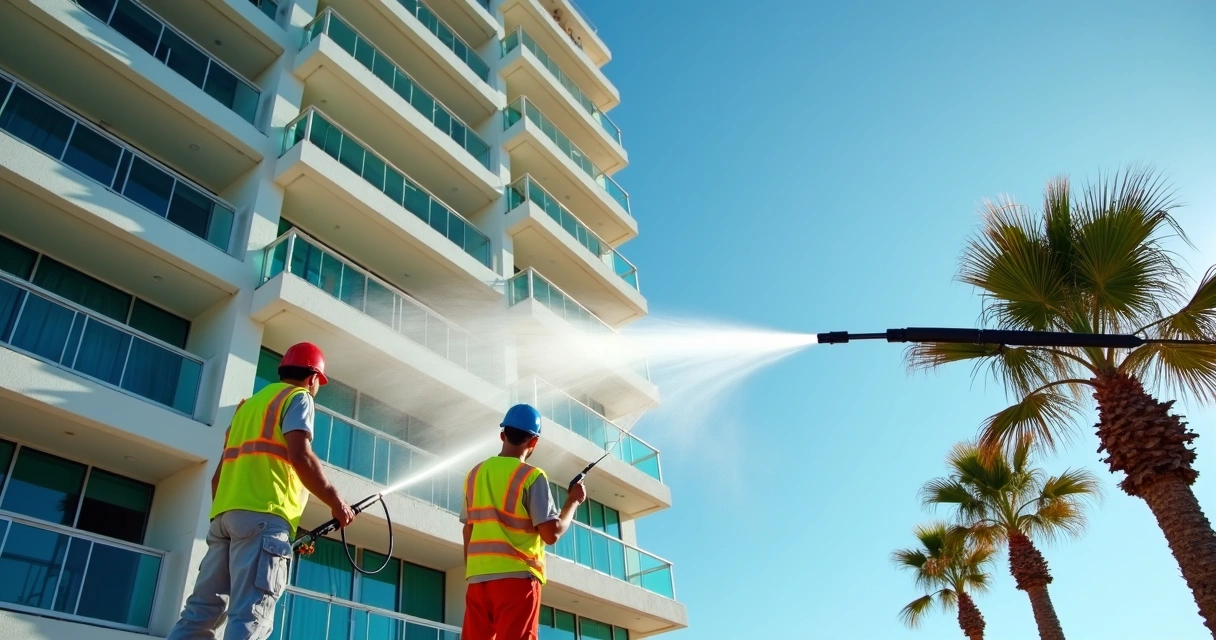 Technicians pressure washing a commercial coastal building exterior in Florida
