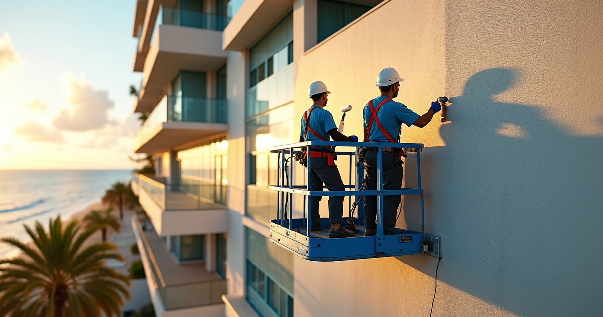 Painters on lift coating coastal commercial building exterior 