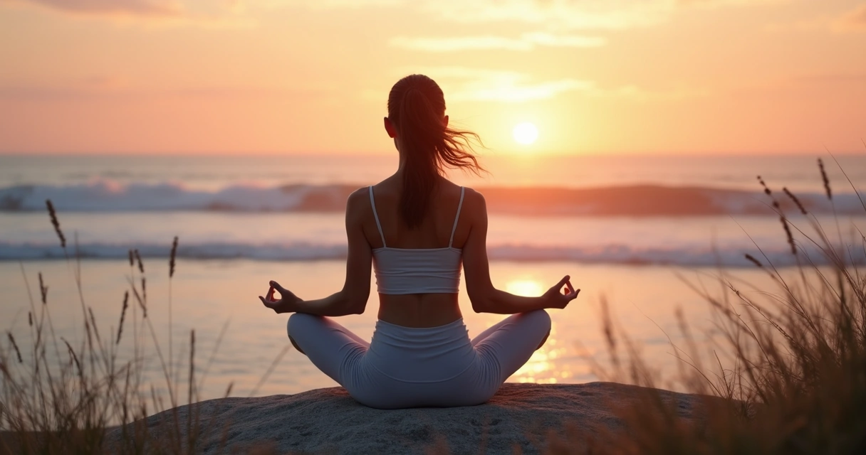 Woman meditating on a rocky seaside at sunrise 