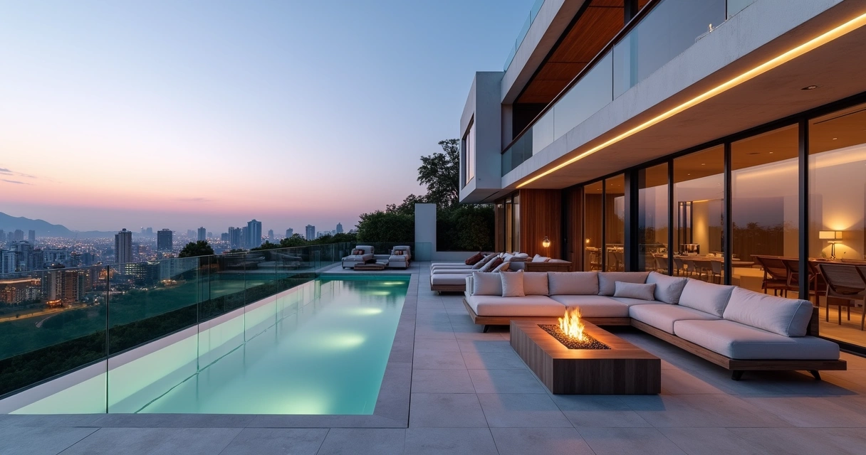 Vista noturna de cobertura de alto padrão com skyline de Campinas ao fundo 