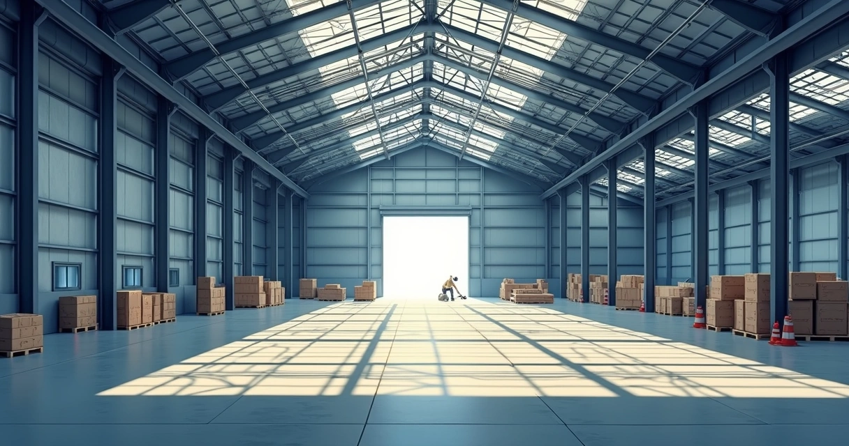 Cobertura metálica industrial com telhas trapezoidais cinzas e estrutura de apoio. 