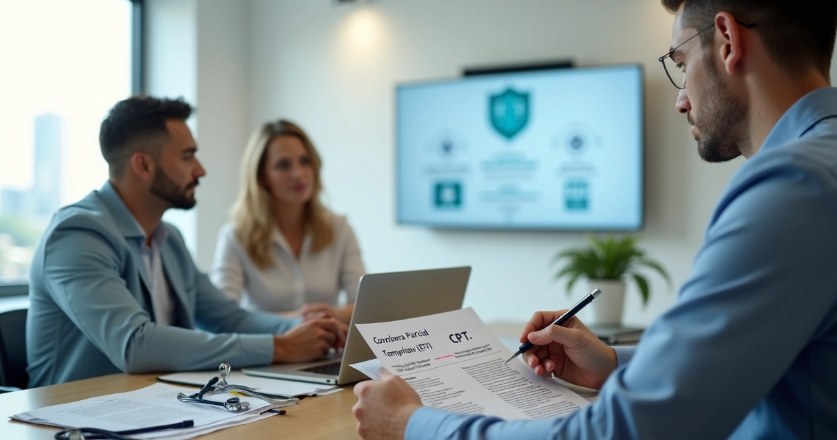 Consultor explicando cobertura parcial temporária de plano de saúde para casal em escritório 