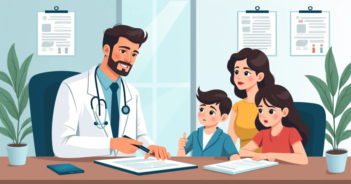 Médico explicando exclusões do plano de saúde a uma família em um consultório, com um contrato na mesa 
