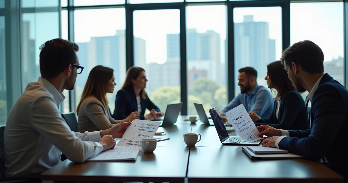 Profissionais de uma empresa em Brasília analisando diferentes opções de cobertura de plano de saúde em uma mesa de reuniões 