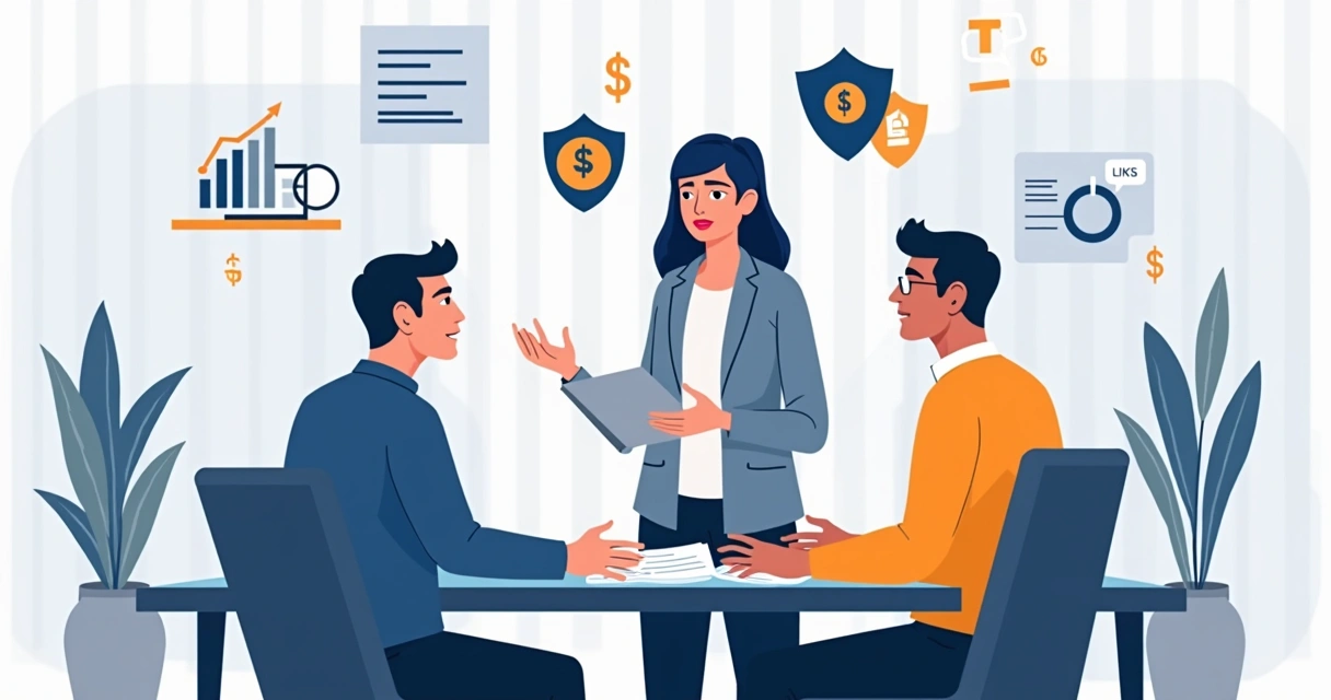 Consultor explicando seguro empresarial para sócios em escritório 