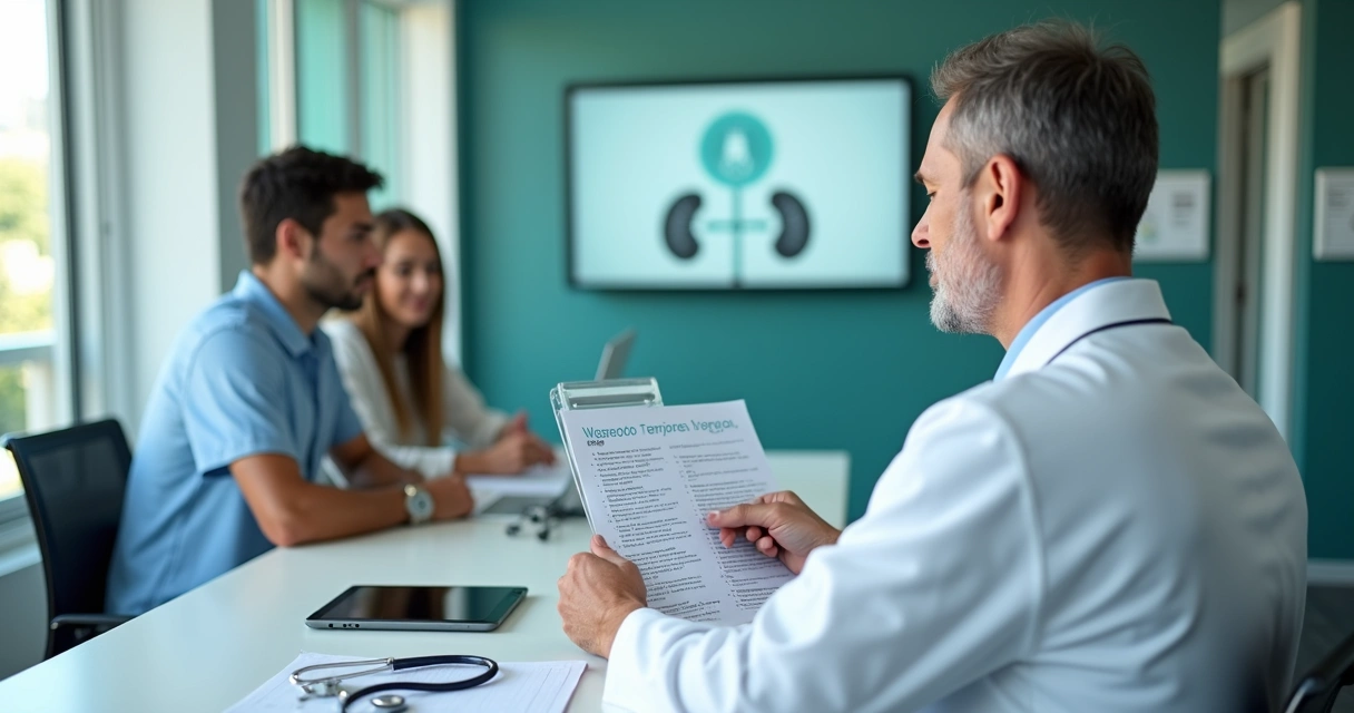 Médico segurando formulário de plano de saúde ao lado de paciente em avaliação para transplante 