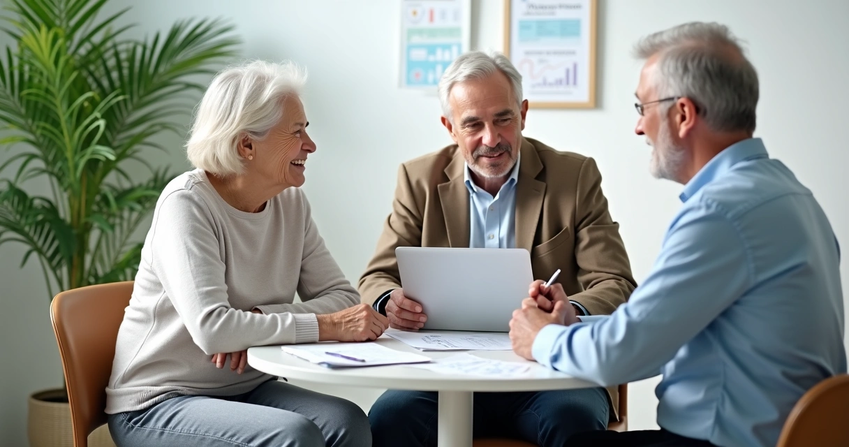 Idosos conversando com especialista em planos de saúde 