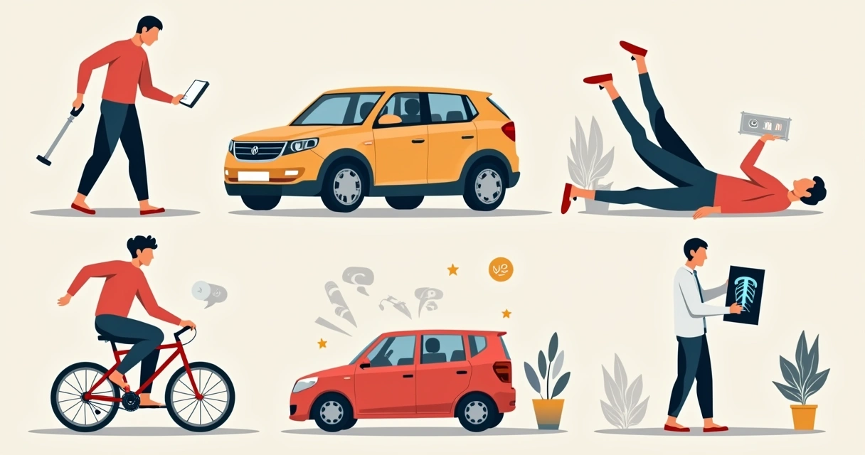 Ilustração moderna, em cores sóbrias, de diferentes situações de acidente: queda, acidente de carro, esportes, médica analisando um raio-x, homem utilizando muletas.