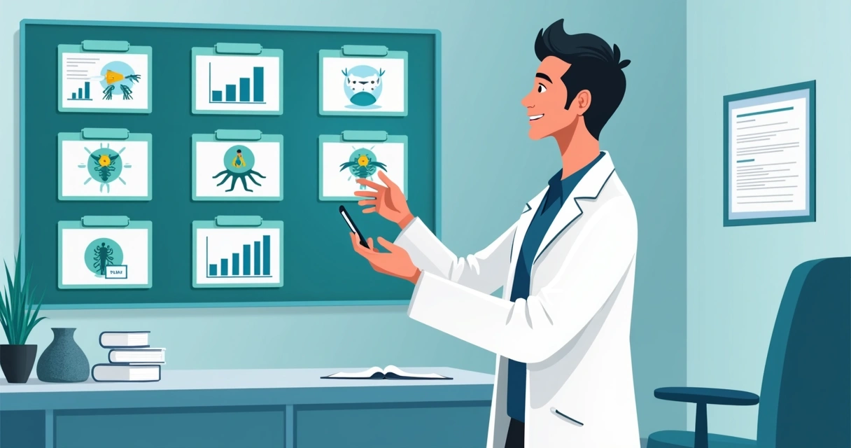 Médico explicando gráficos sobre coberturas de seguro de doenças graves em um consultório moderno 