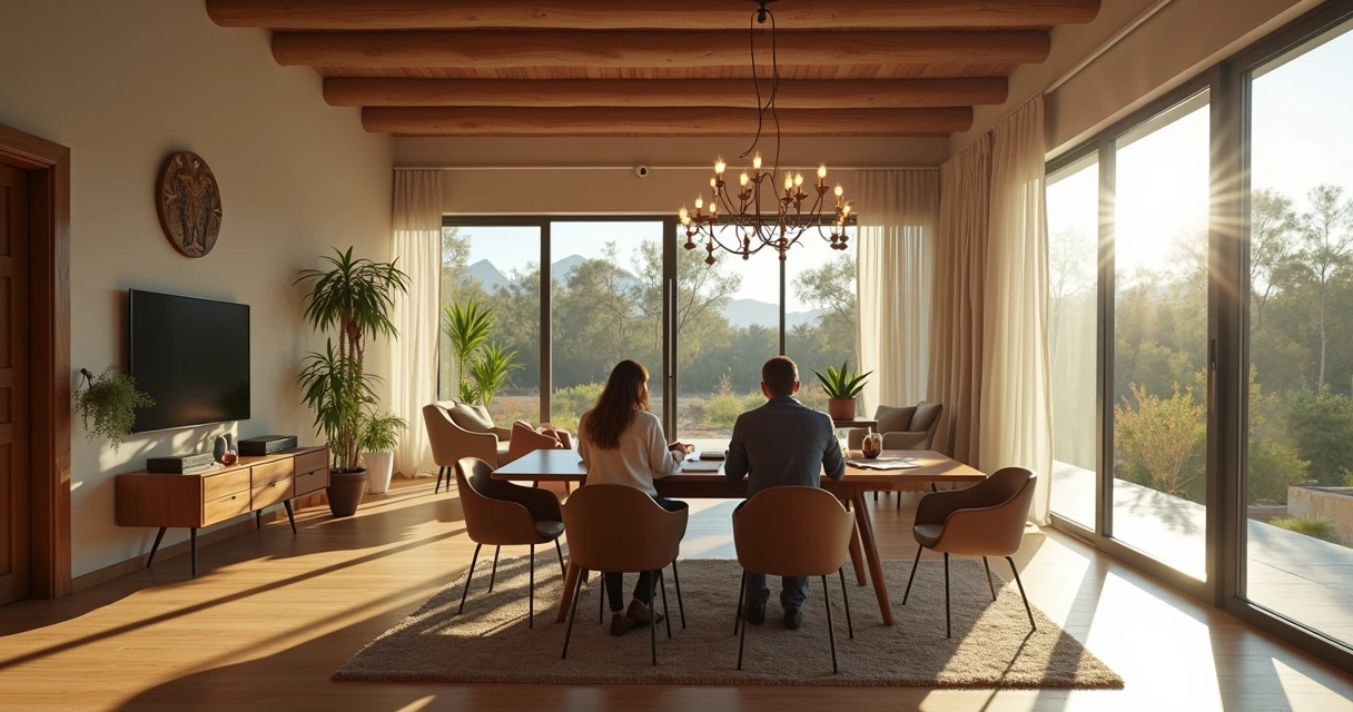 Sala de casa mexicana moderna con muebles y objetos de valor 