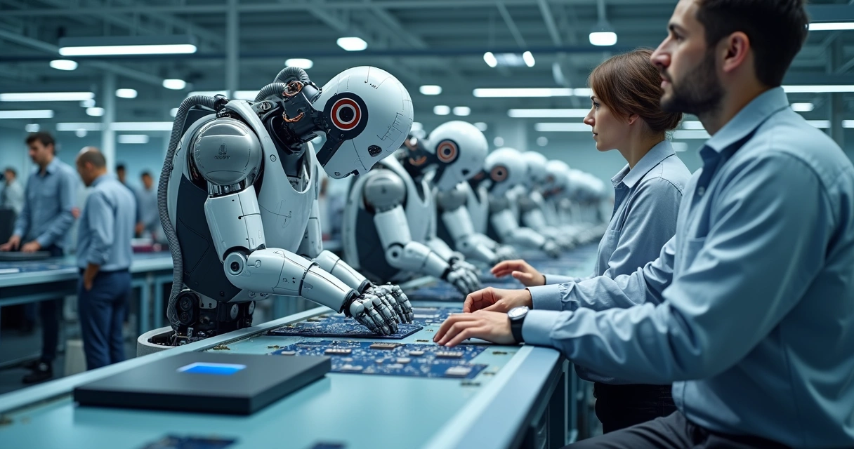 Cobots operando ao lado de trabalhadores em uma linha de montagem 