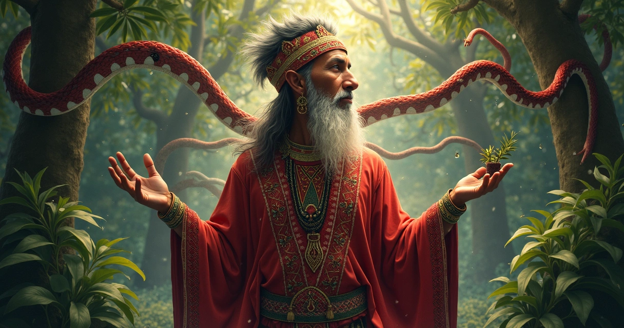 Representação artística de caboclo com cobra coral, elementos de floresta e elementos tradicionais de Umbanda. 