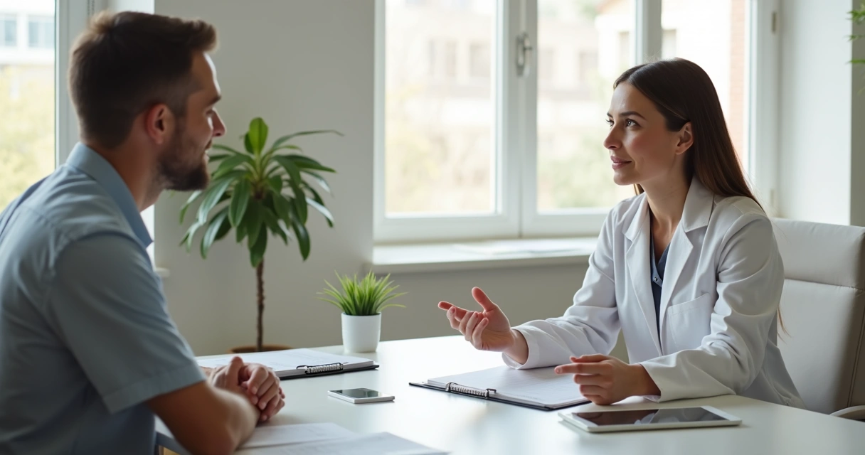 Terapeuta de jaleco sentado à mesa de frente para paciente oferecendo um contrato e falando sobre valores 