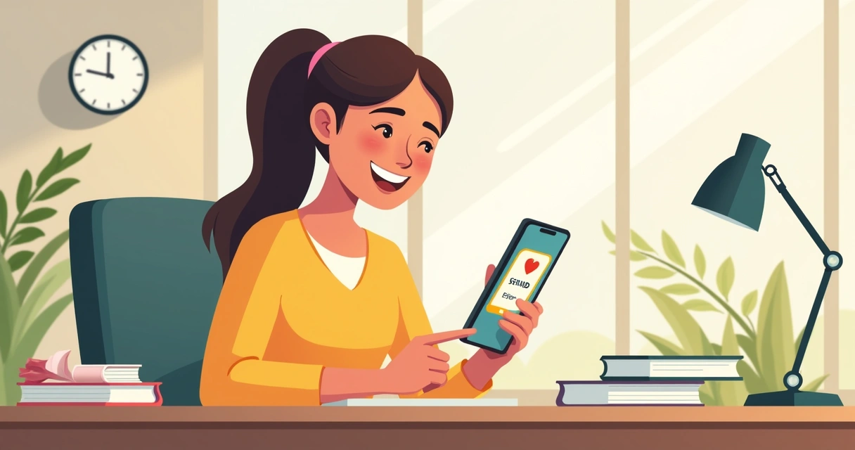 Cliente feliz ao receber mensagem de cobrança amigável no celular 