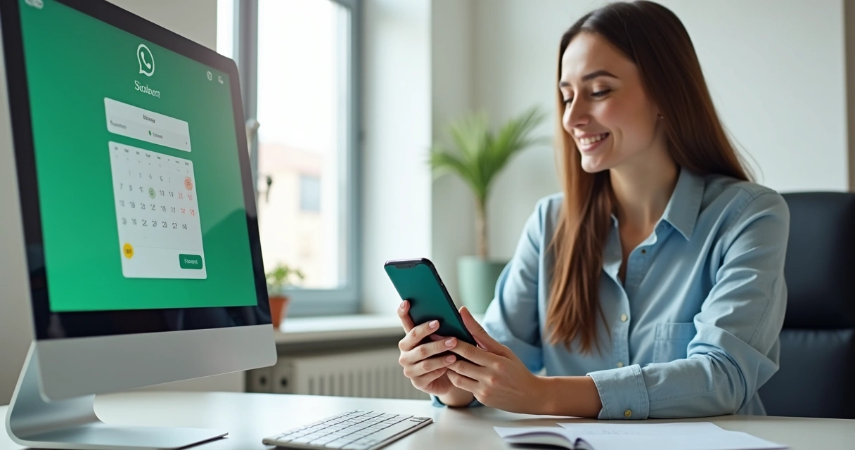 Empresária usa smartphone enquanto IA envia cobrança pelo WhatsApp 