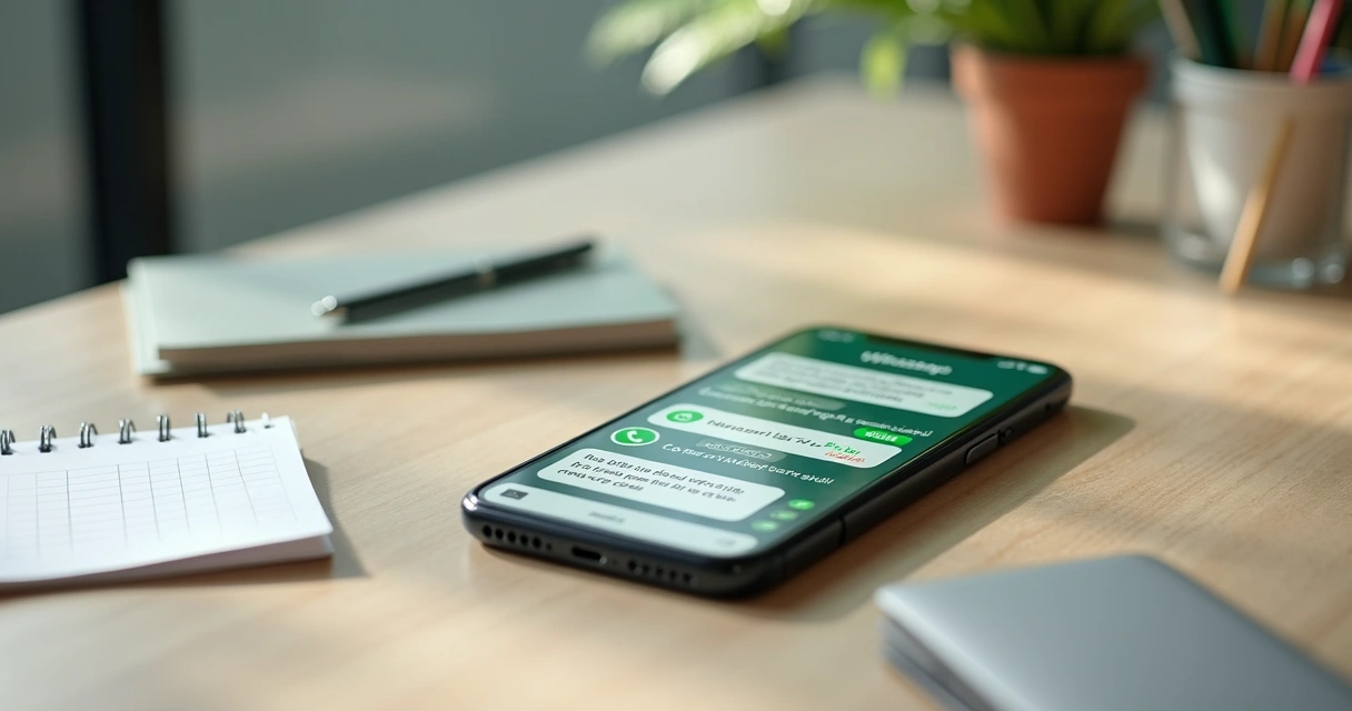 Celular exibindo mensagens de cobrança automática no WhatsApp sobre mesa organizada 
