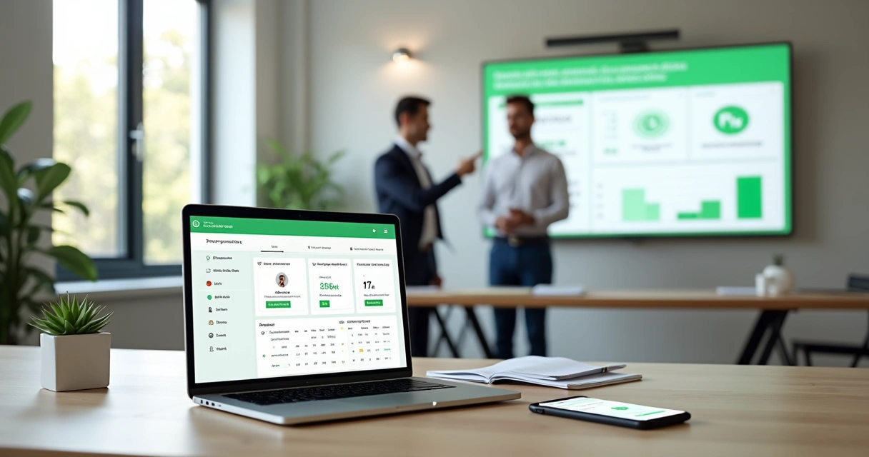 Tela de notebook com gestão de aluguel por Pix e boleto automático em escritório moderno 