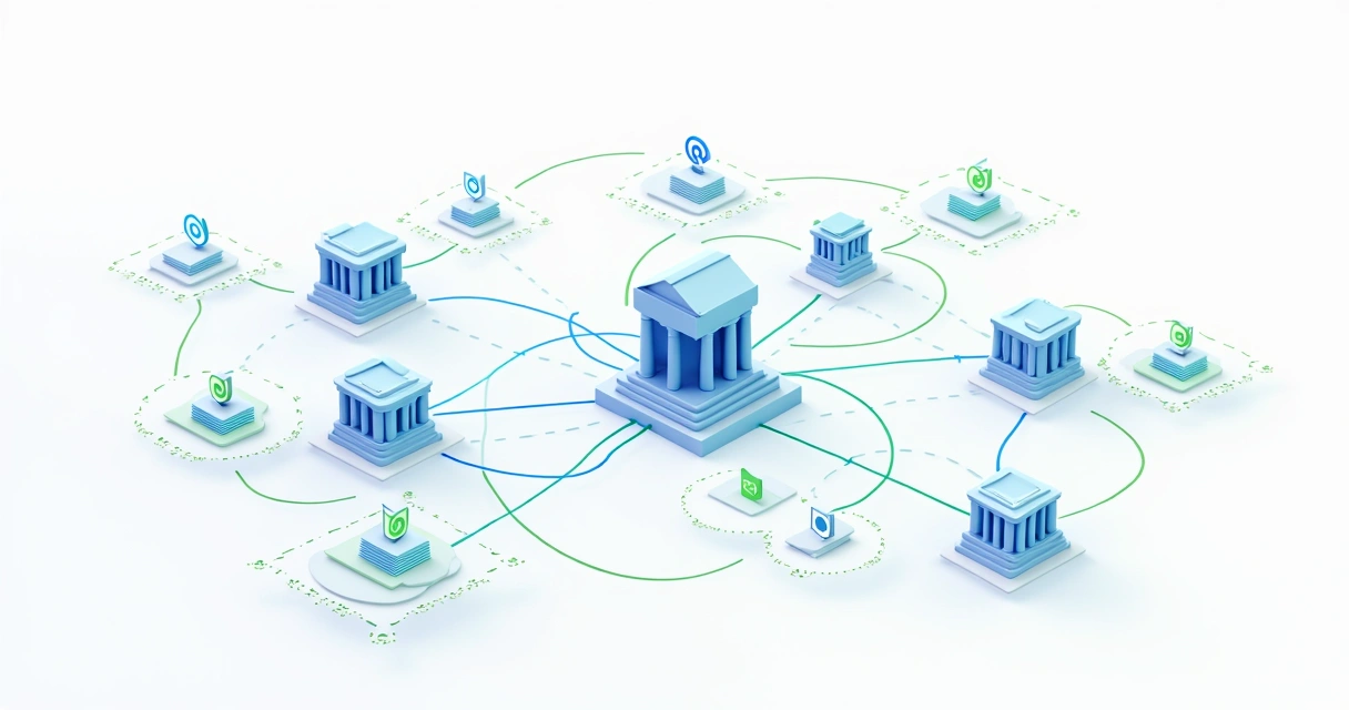 Gráfico digital mostrando integração entre bancos, ERPs e canais de cobrança. 