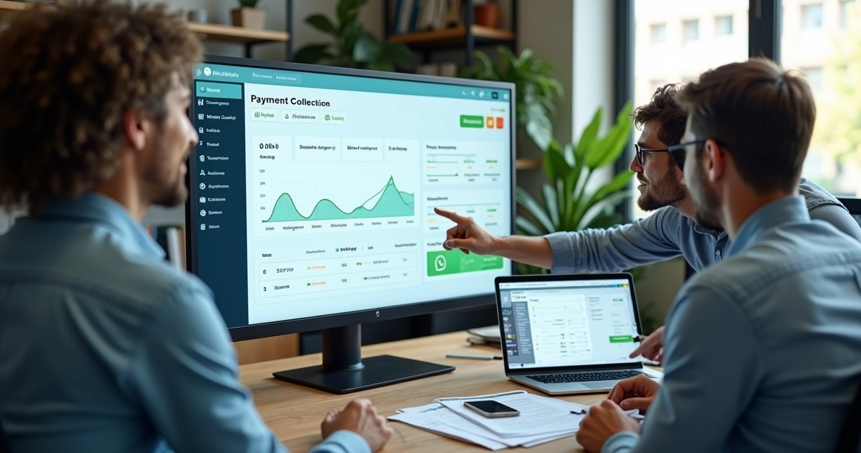 Equipe financeira acompanhando painel de cobrança automatizada em escritório moderno 