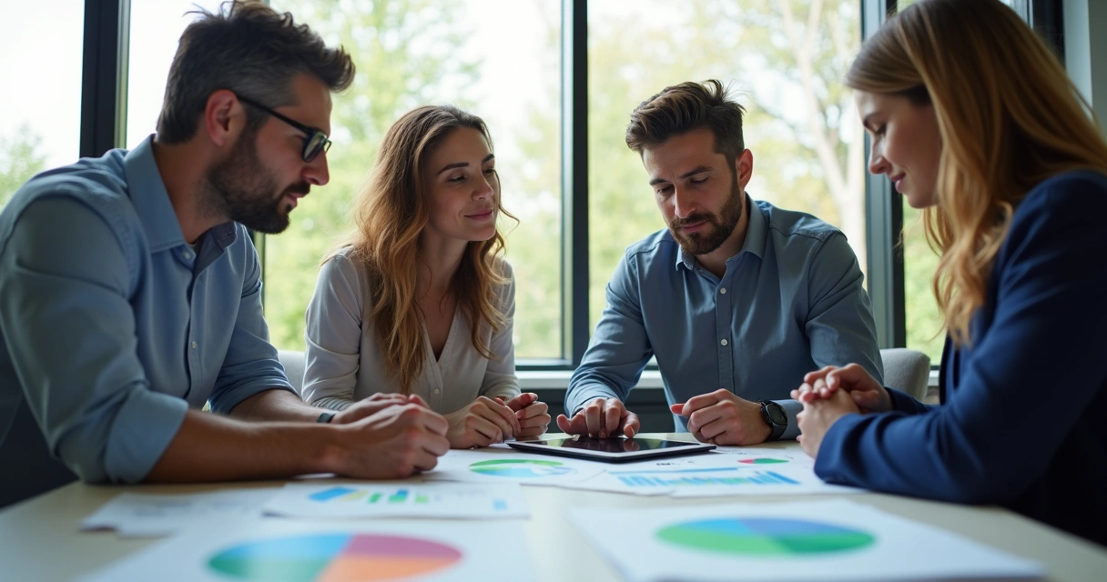 Equipe reunida analisando estratégias de cobrança com gráficos 