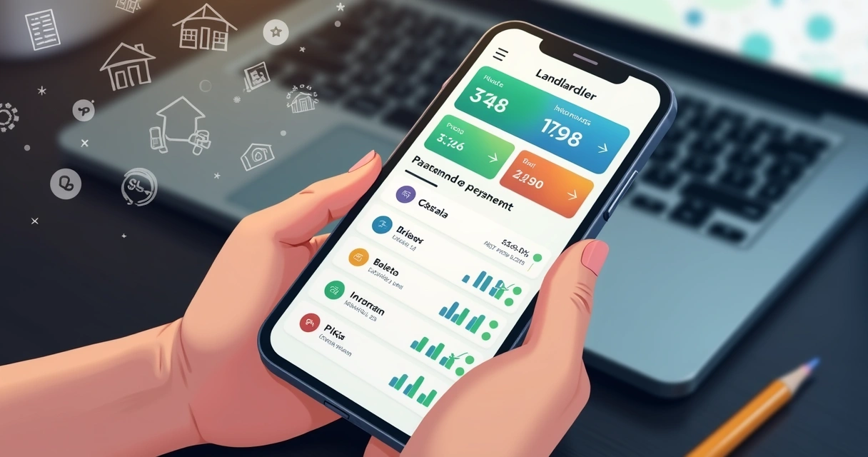 Tela de aplicativo de gestão imobiliária mostrando opções de cobrança por boleto e Pix 