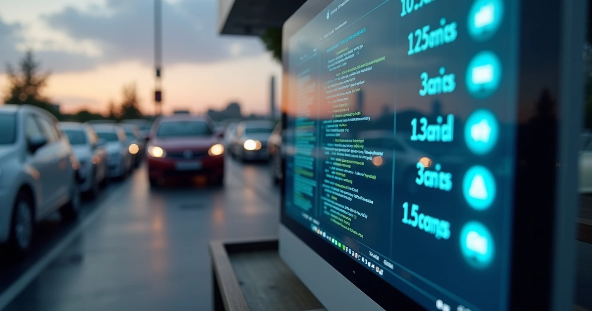 Tela de computador mostrando notificações automáticas de pagamentos com carros estacionados ao fundo. 