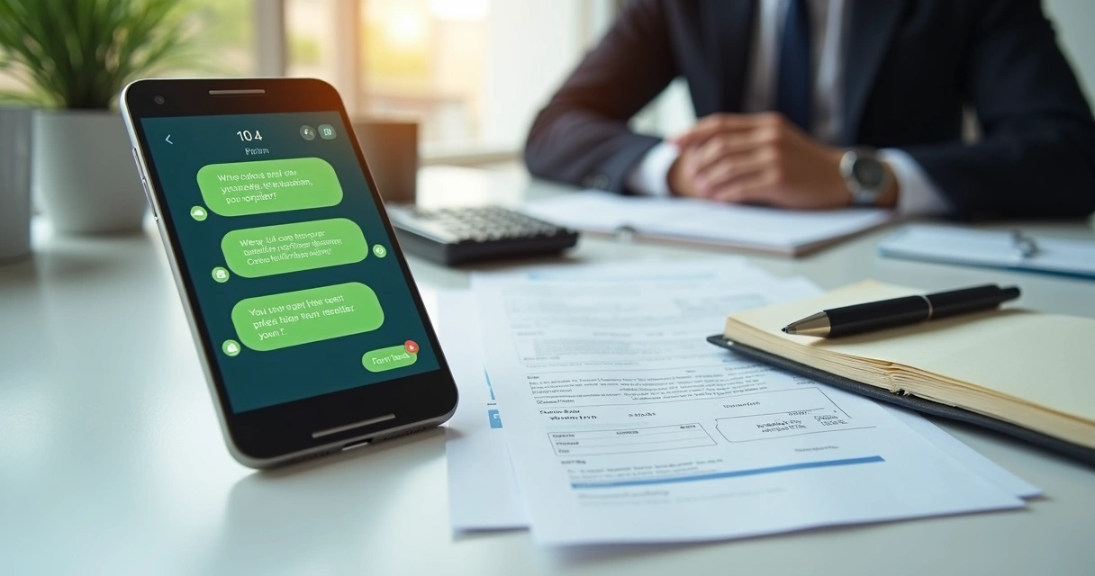 Tela de celular com mensagens de cobrança e documentos sobre uma mesa de escritório