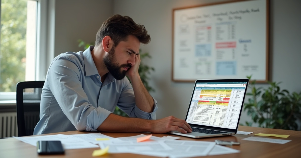 Emprestador preocupado analisando planilha de cobranças desorganizada no notebook 