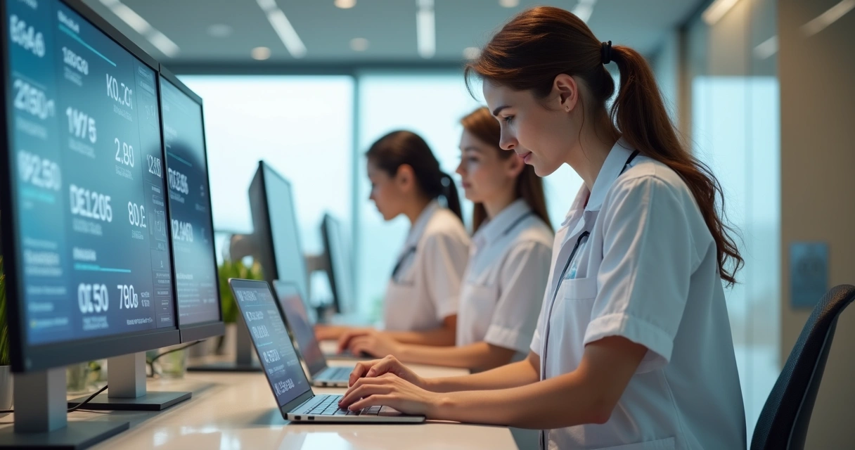 Equipe de clínica odontológica gerenciando cobranças em tablets e computadores