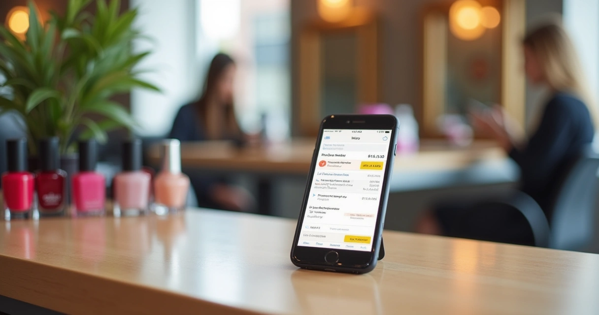 Notificação de cobrança digital no celular no balcão do salão 