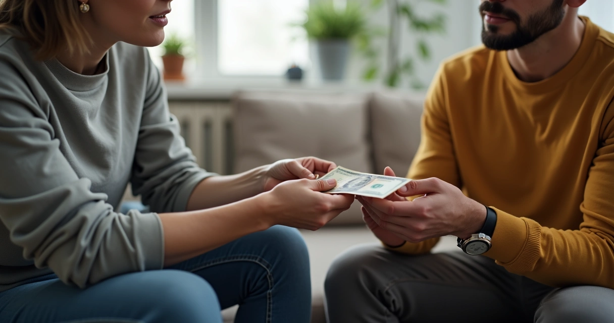 Pessoa entregando dinheiro a outra que parece indecisa, ambiente de sala com emoção.