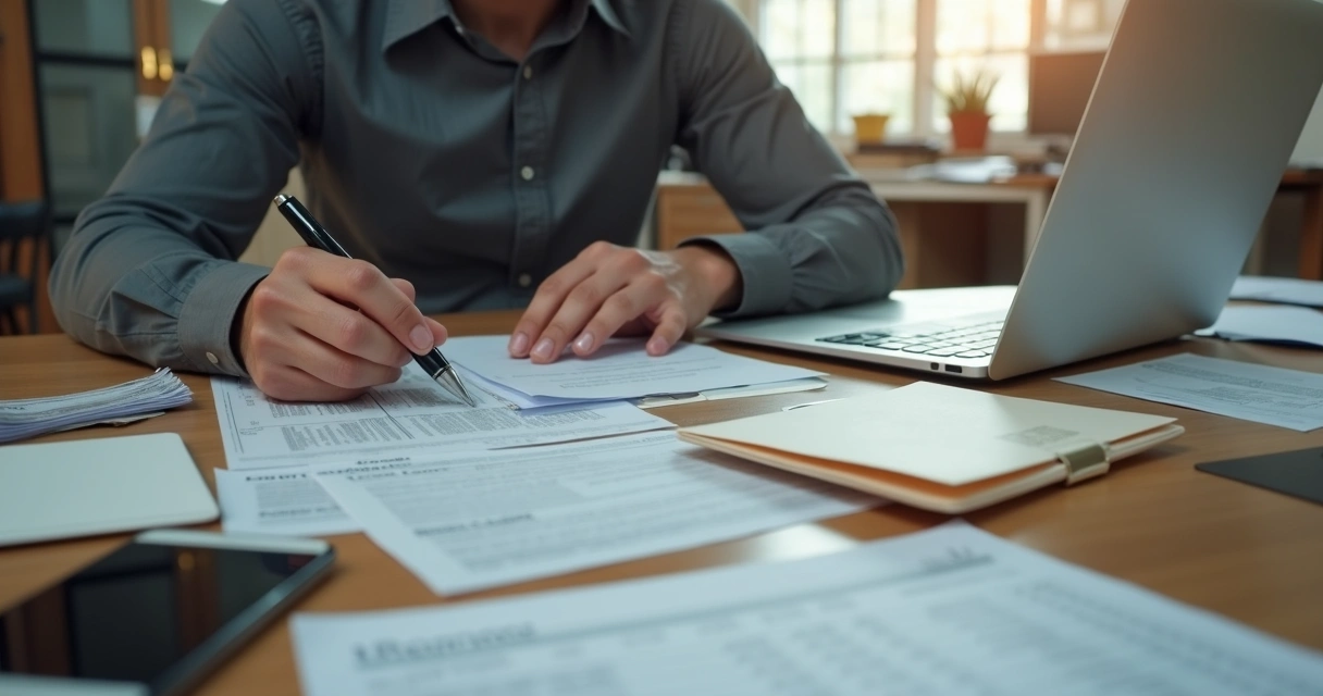 Pessoa verificando boletos e documentos na mesa