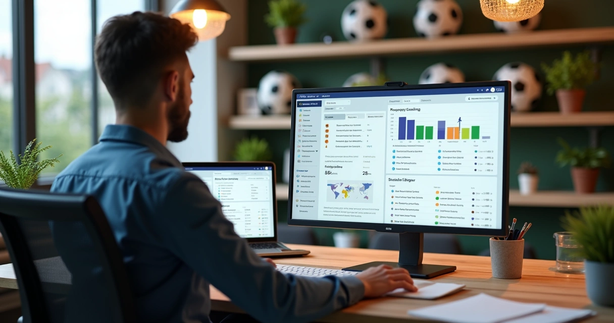 Gestor de escola olha para tela de computador exibindo gráficos de pagamentos em ambiente moderno 