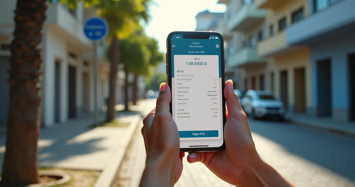 Calçada de cidade brasileira com pessoa fazendo pagamento de IPTU no celular 
