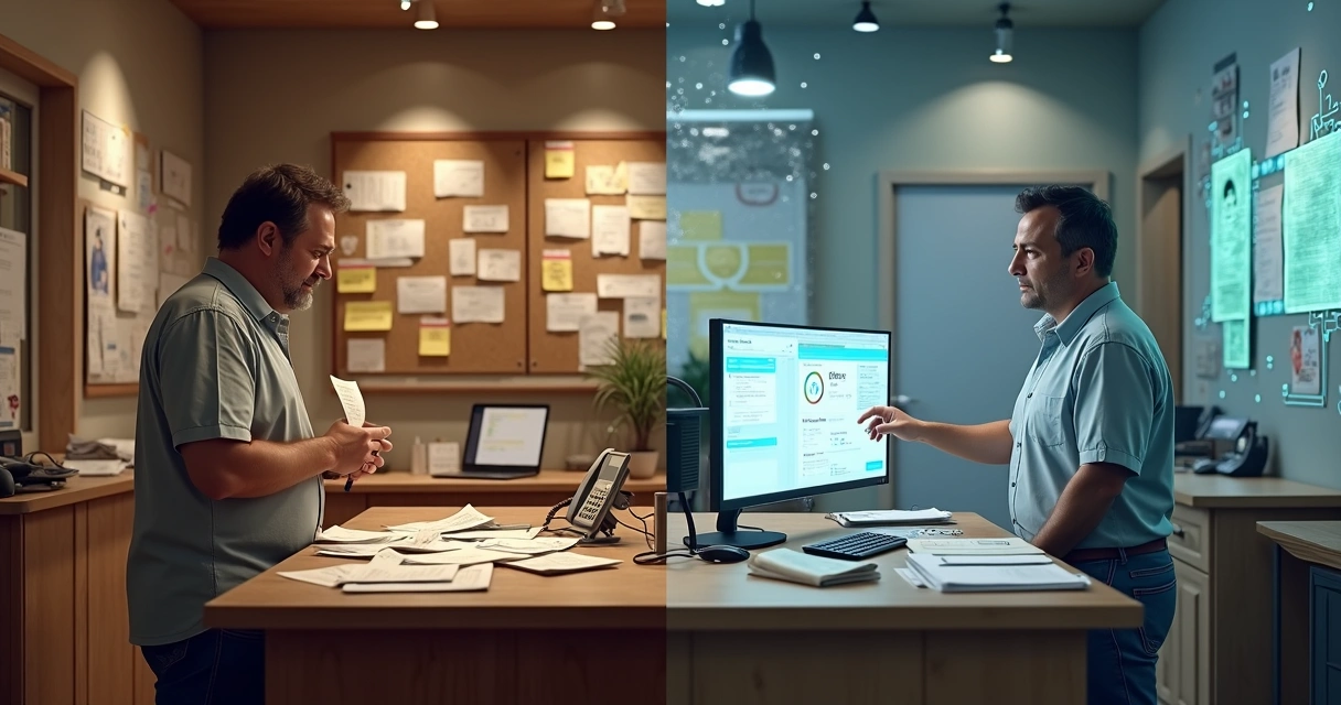 Comparação visual entre cobrança manual em papel e automação com inteligência artificial em pequeno negócio 