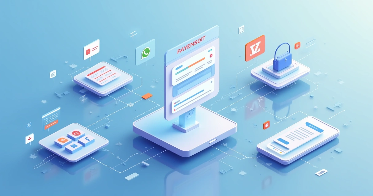 Ilustração mostrando diferentes canais digitais como WhatsApp, e-mail e redes sociais conectados a uma única plataforma de cobrança 