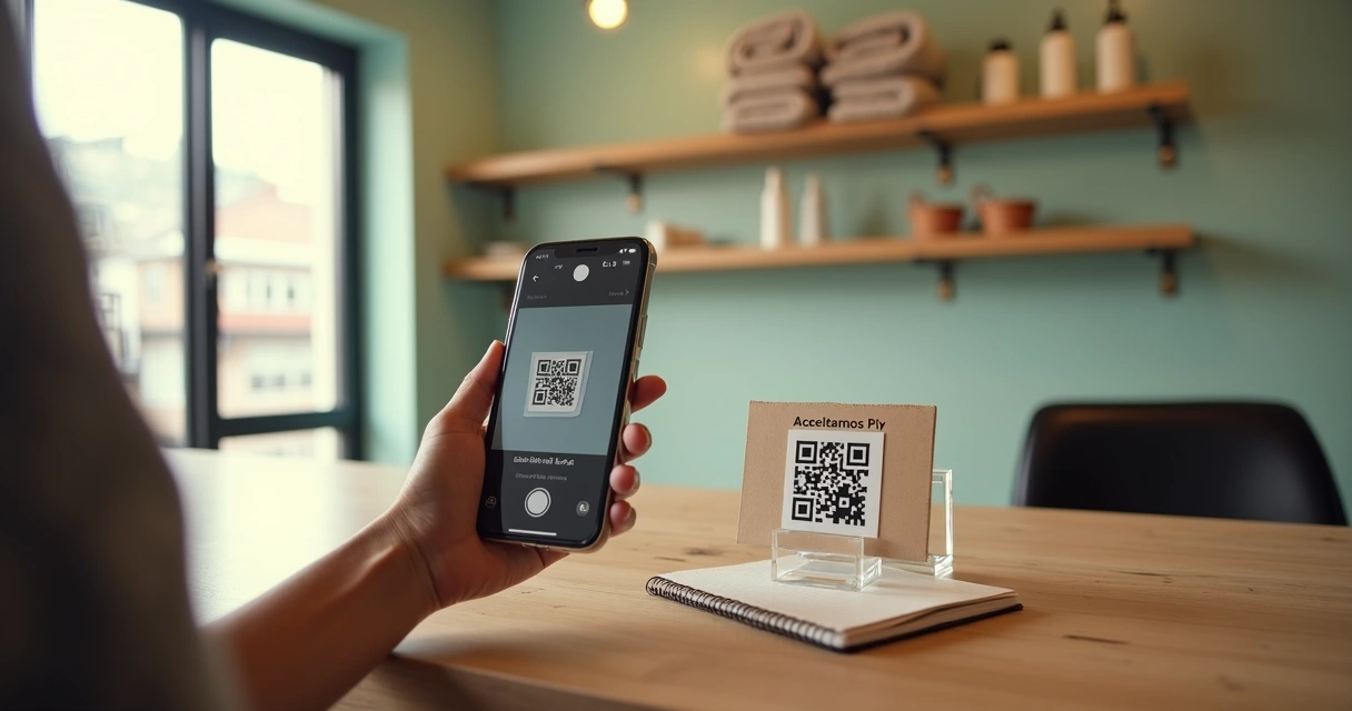 Cliente pagando compra por Pix com QR Code em pequena loja sem maquininha de cartão 
