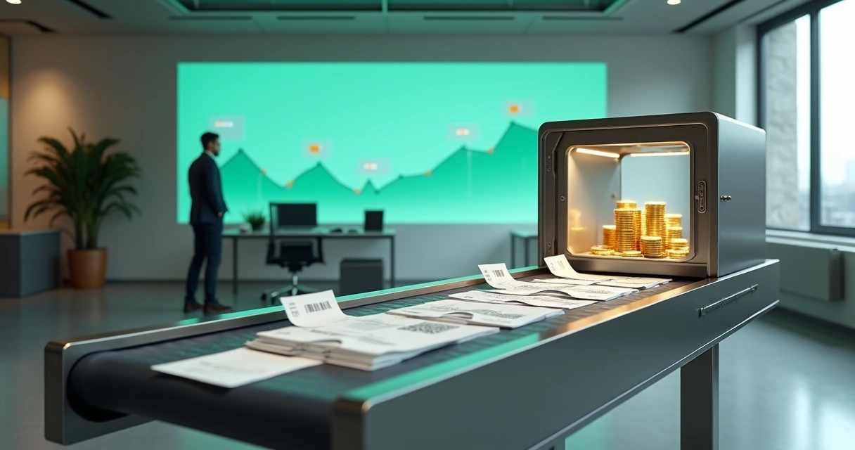 Esteira automática levando boletos para cofre digital com moedas e gráficos ao fundo 