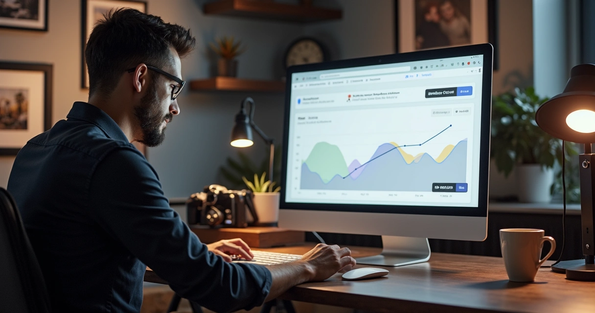 Fotógrafo em estúdio com computador mostrando gráficos de pagamentos mensais 
