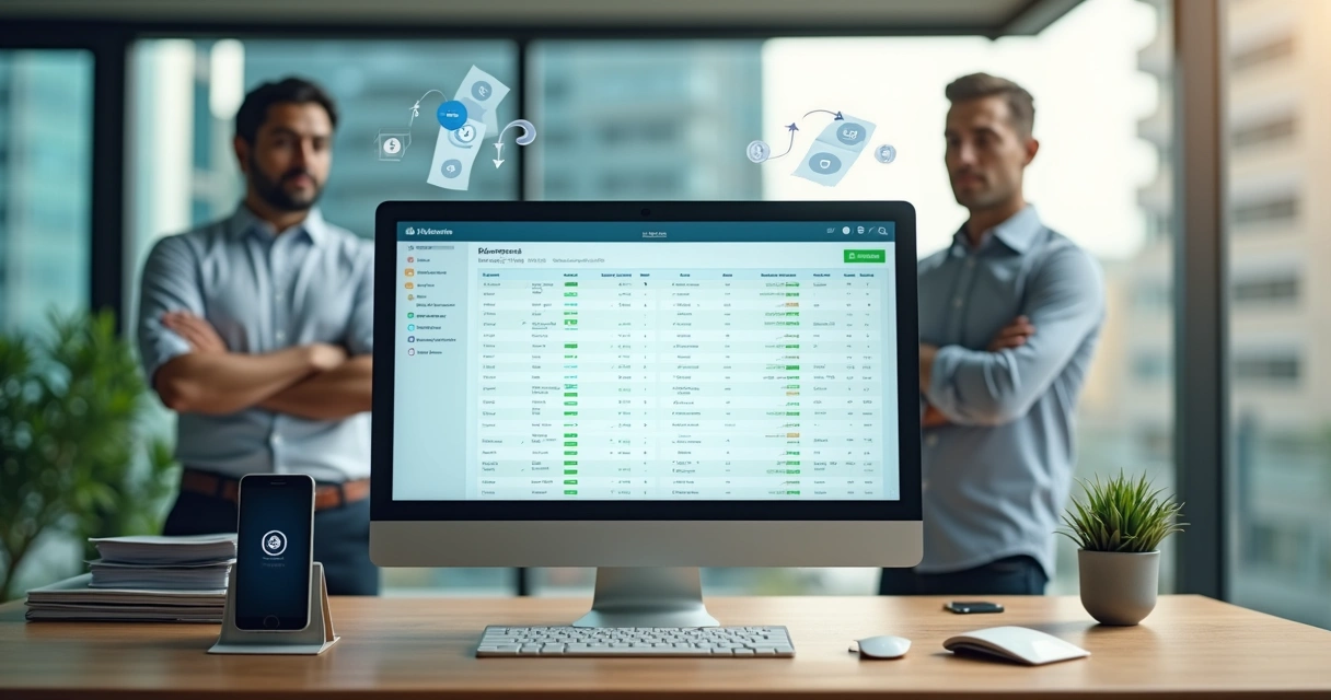 Gestor observa painel digital com cobrancas recorrentes organizadas 